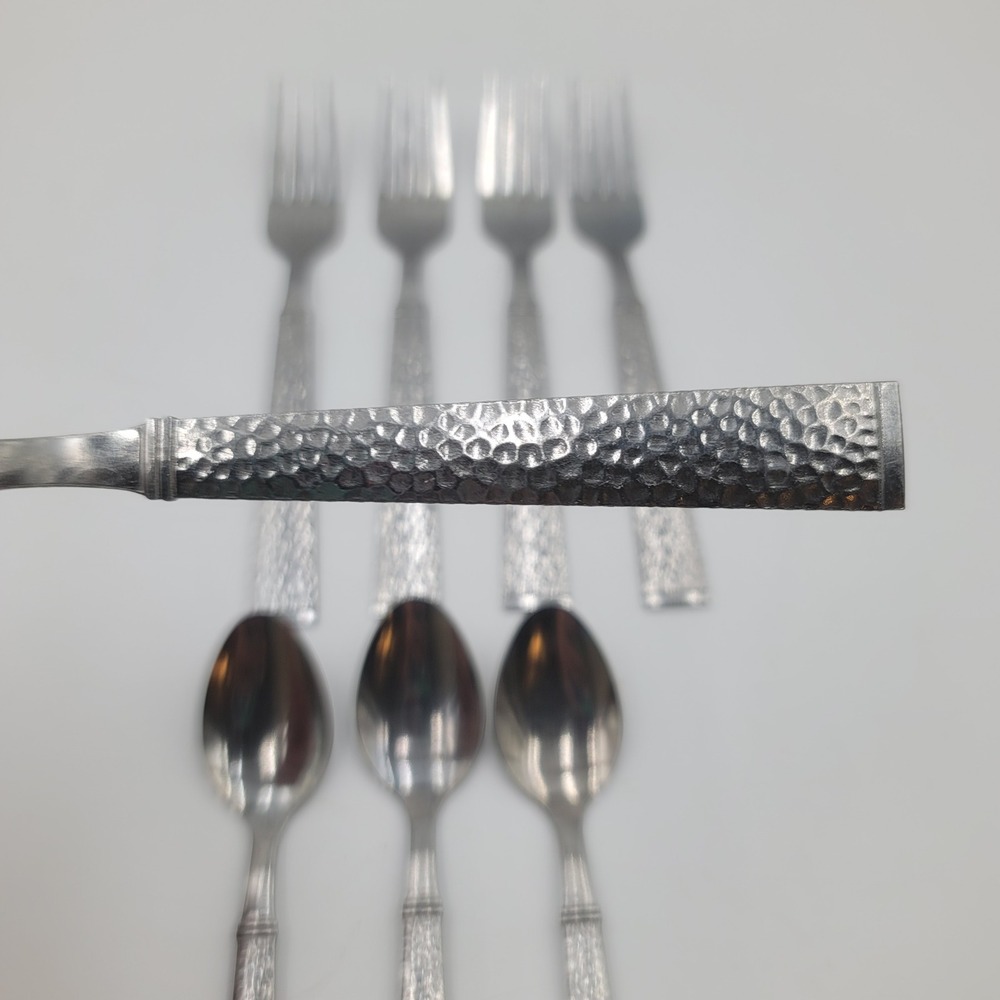 8pc UNF2190 Hammered Stainless Steel Flatware Set 5 Forks 3 Spoons Sturdy Modern